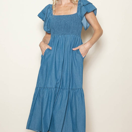 Vintage Wash Chambray Denim Flutter Sleeve Dress w Pockets