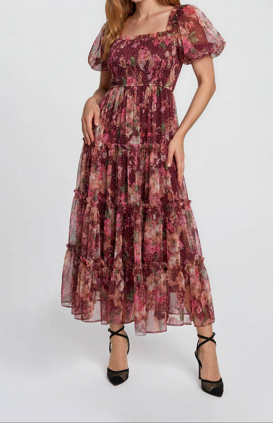 Floral Tulle Puff Sleeve Midi Dress in Burgundy 2880