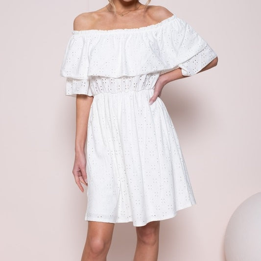 Ivory Knit Eyelet Off-Shoulder Dress