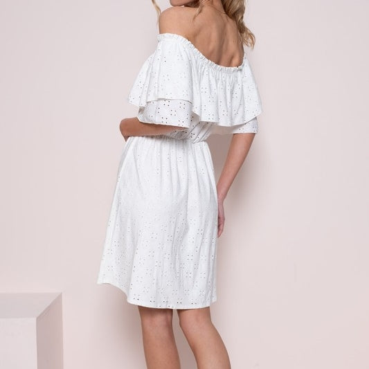 Ivory Knit Eyelet Off-Shoulder Dress