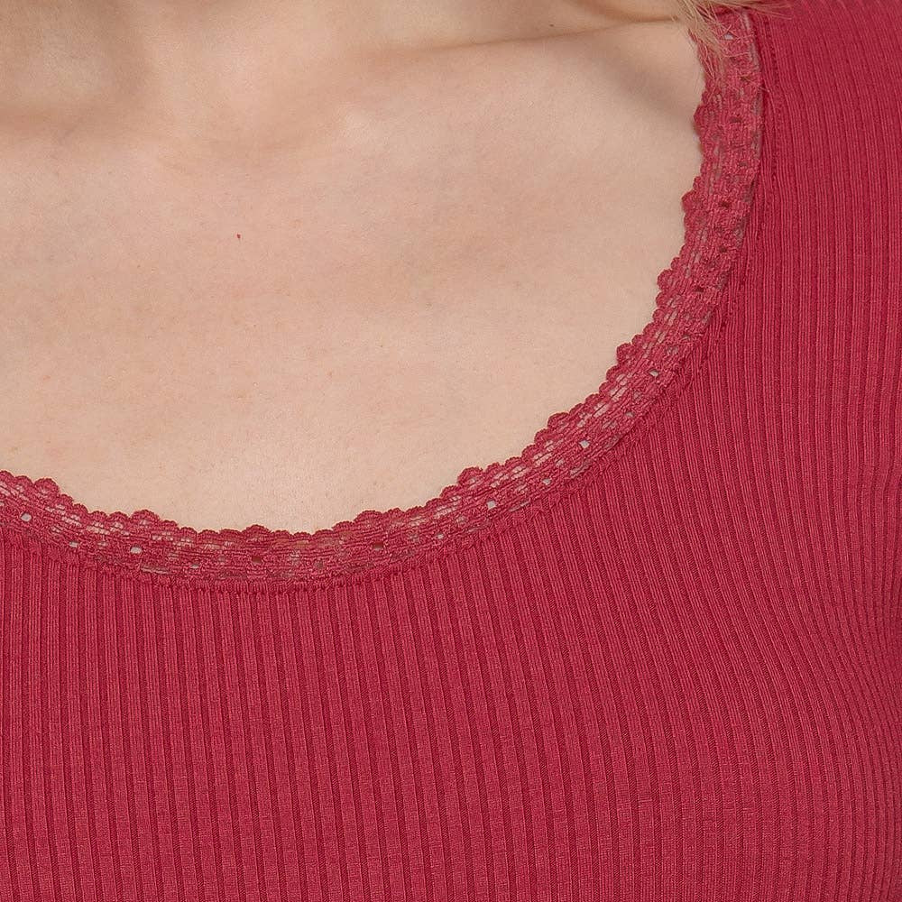 Close-up of a red ribbed top with lace trim neckline.