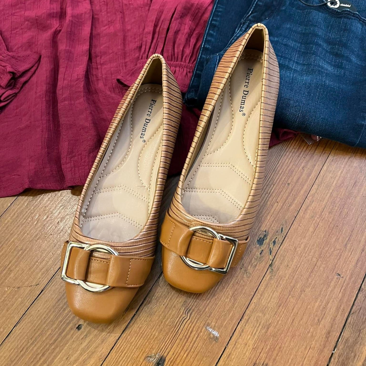Camel Square-Toe Ballet Flats with Buckle