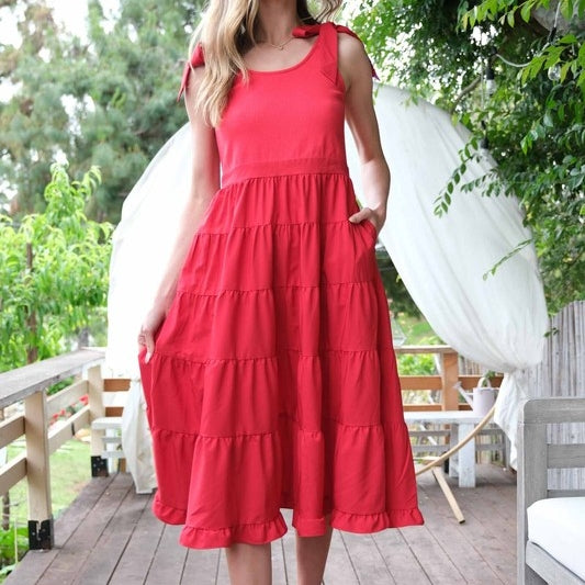 Red Shoulder Tie Tiered Maxi Dress