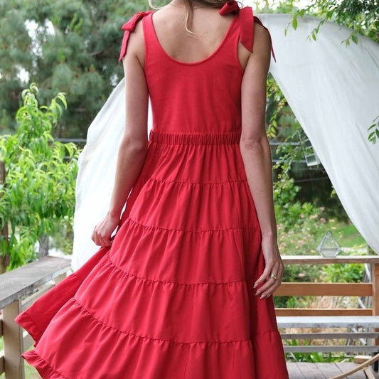 Red Shoulder Tie Tiered Maxi Dress