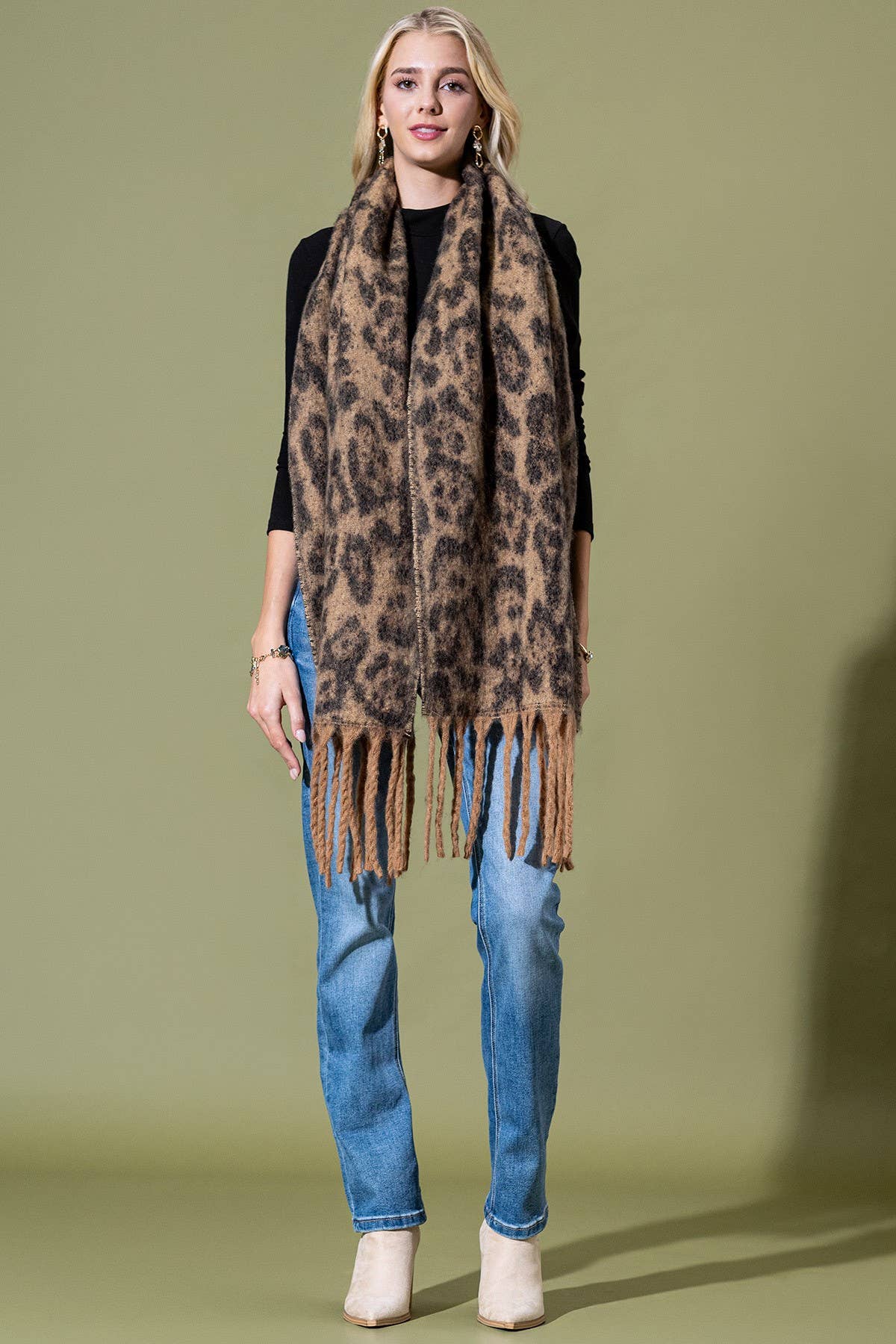 Taupe Leopard Print Fringed Scarf