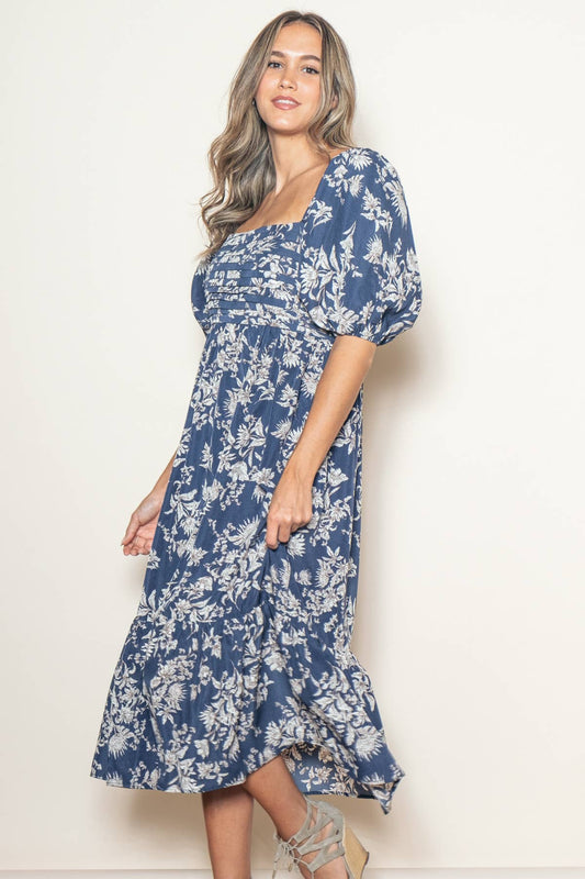 Romantic Classic Pleated Detailed Midi Dress in Indigo Blue