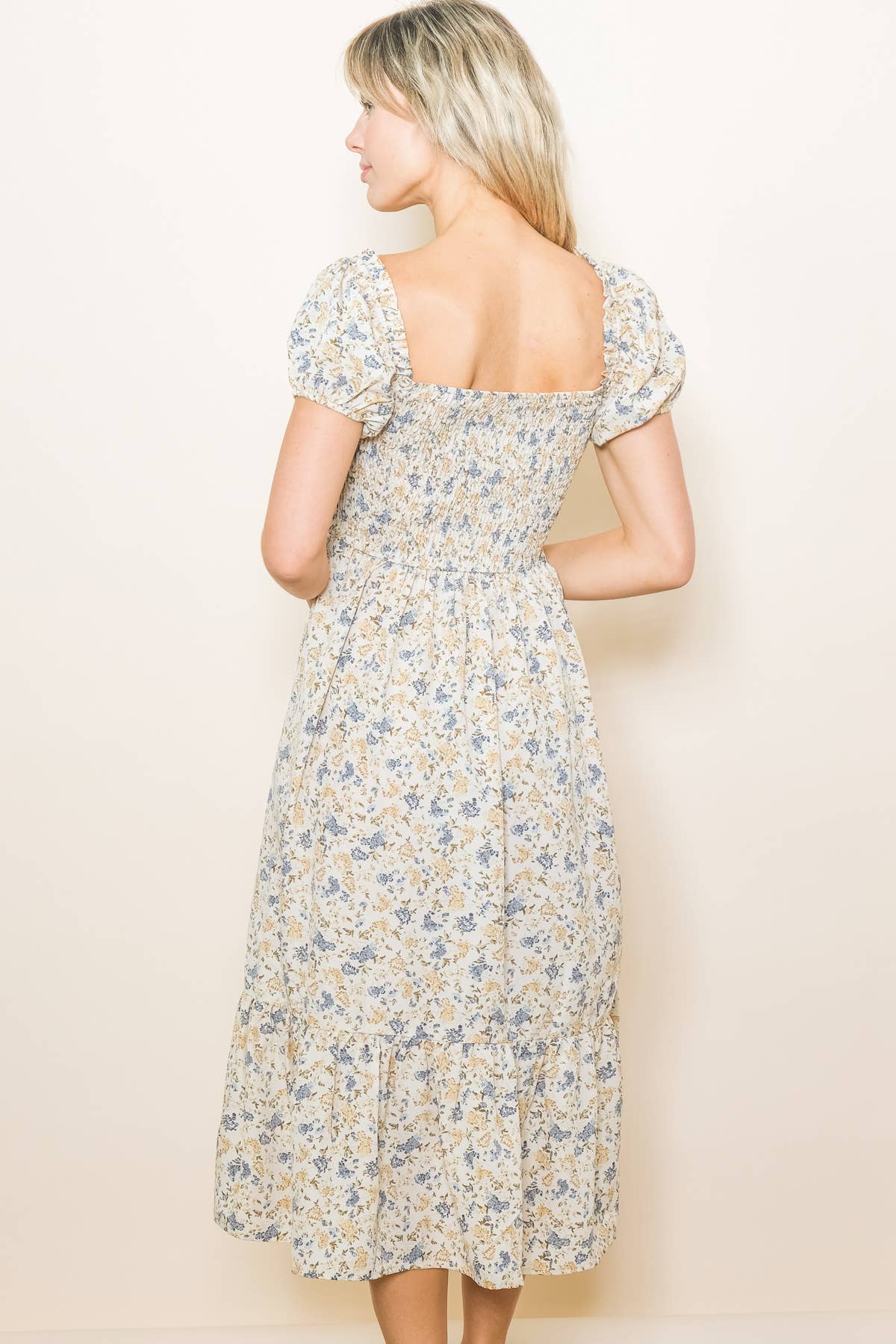 Lovely Puff Sleeve Romantic Floral Midi Dress in Cream