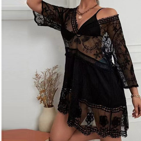One Piece Lace Bathing Suit Coverup in Black