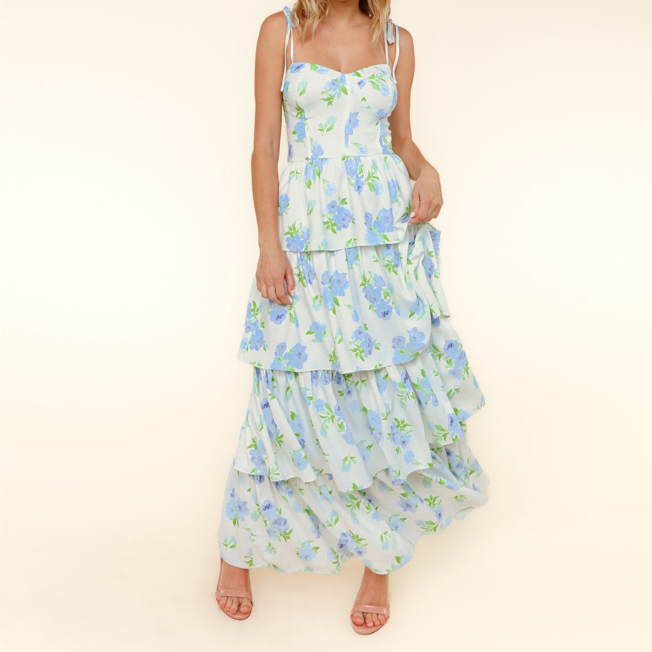 Blue & White Floral Bustier Tiered Maxi Dress