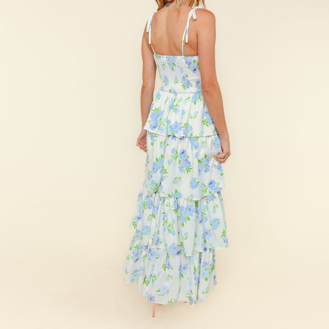 Blue & White Floral Bustier Tiered Maxi Dress