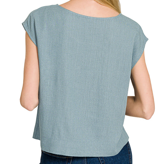 Blue Grey Drape Linen Blend Tank – Lightweight Sleeveless Top with Soft Flow