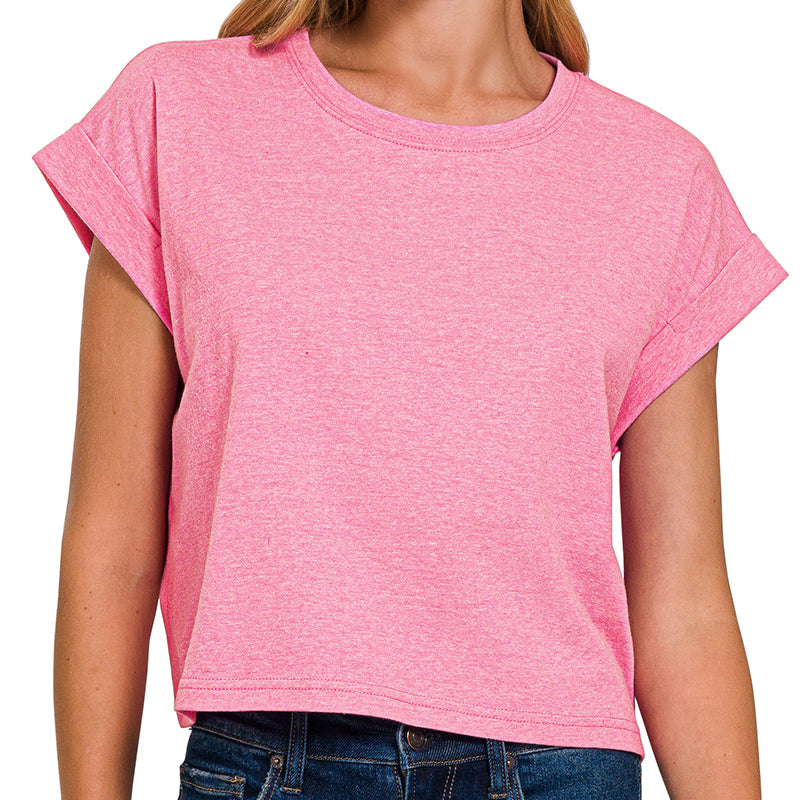 Hot Pink Cotton Folded Sleeve Top – Soft Everyday Essential with Rolled Sleeves