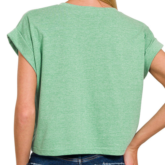 Kelly Green Cotton Folded Sleeve Top – Soft Everyday Essential with Rolled Sleeves