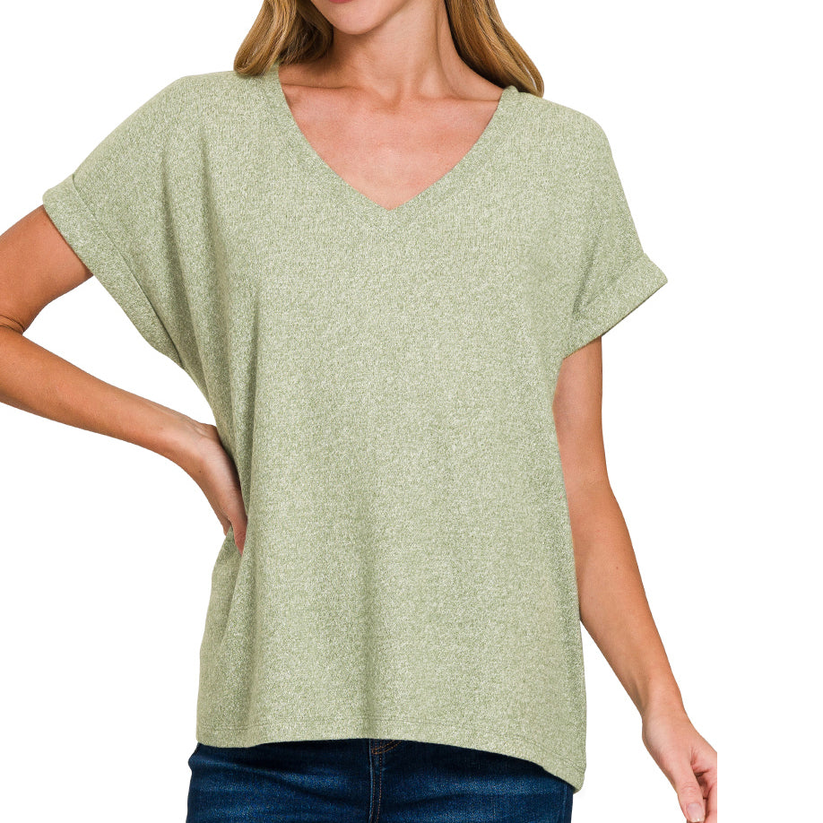 Drop Shoulder Hacci Knit Top in Light Olive – Women’s Soft Cozy Pullover