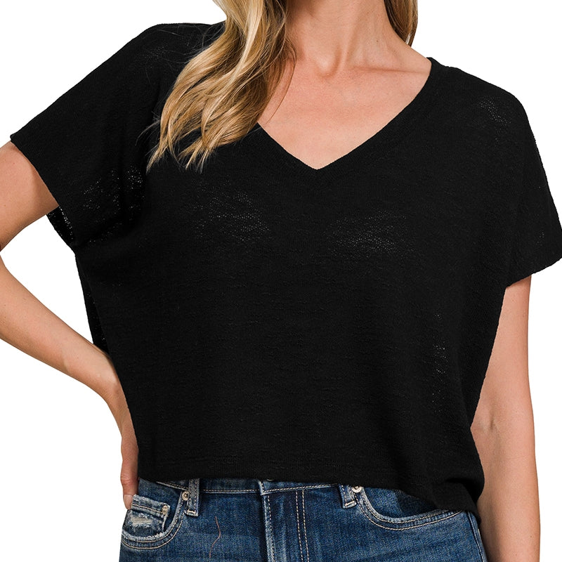 Drop Shoulder Hacci Crop Top in Black