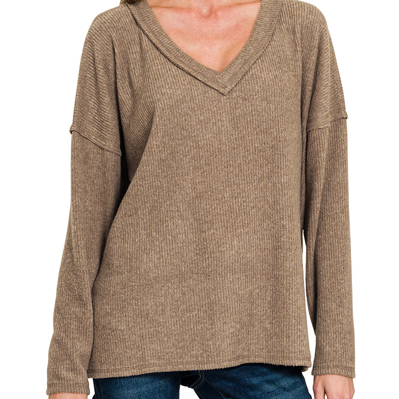 Ribbed V-Neck Drop Shoulder Top in Mocha 2906
