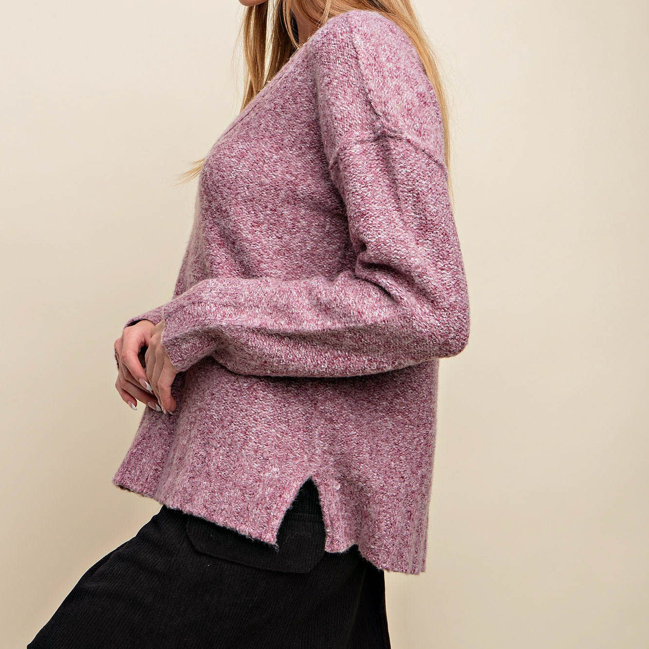 Soft and Cozy V Neck Long Sleeve Sweater in Burgundy