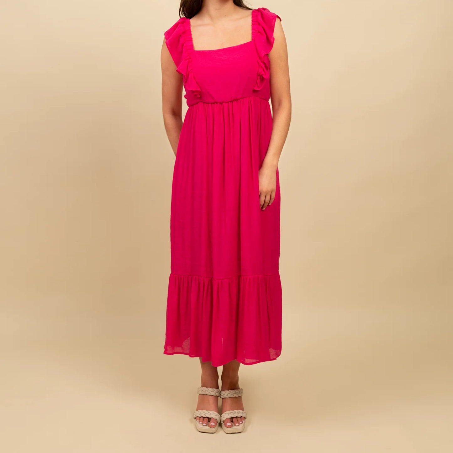 Smocked Maxi Dress with Ruffle Hem and Tie Detailing