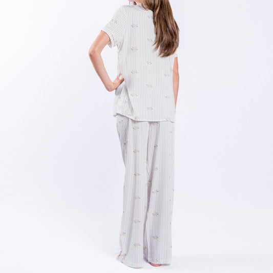 Protea Floral Jacquard Satin Pajama Set – Long Pants & Button-Up Top