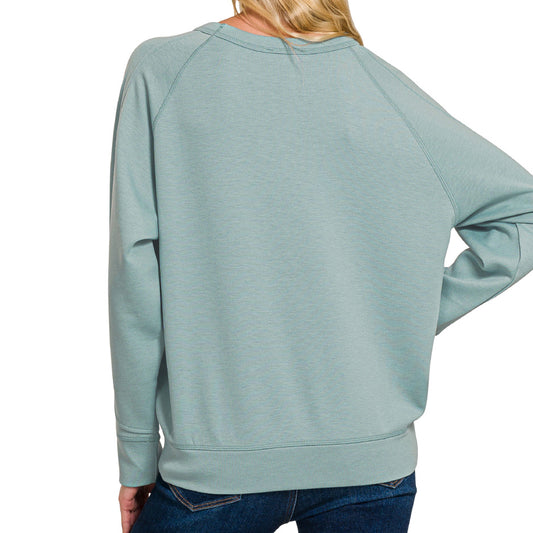 Dusty Blue Scuba Pullover Sweatshirt – Women’s Casual Long Sleeve Top