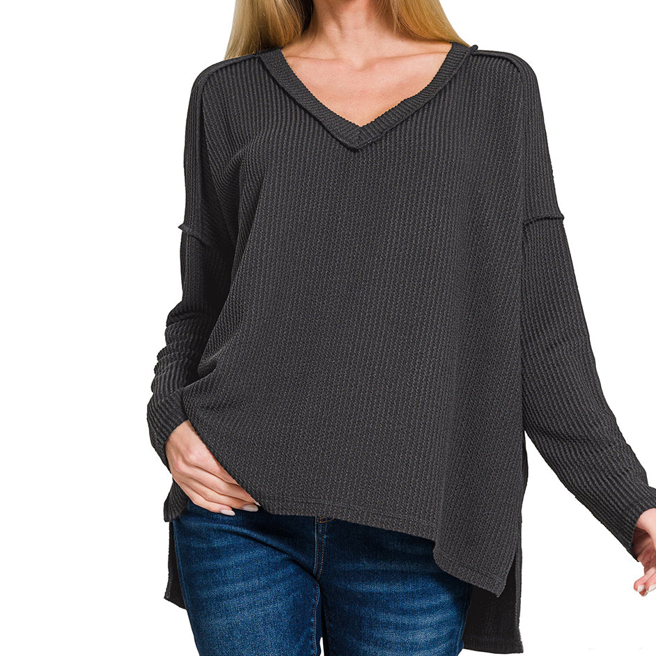 Black Textured Rib Knit Long Sleeve Top with Hi-Low Hem