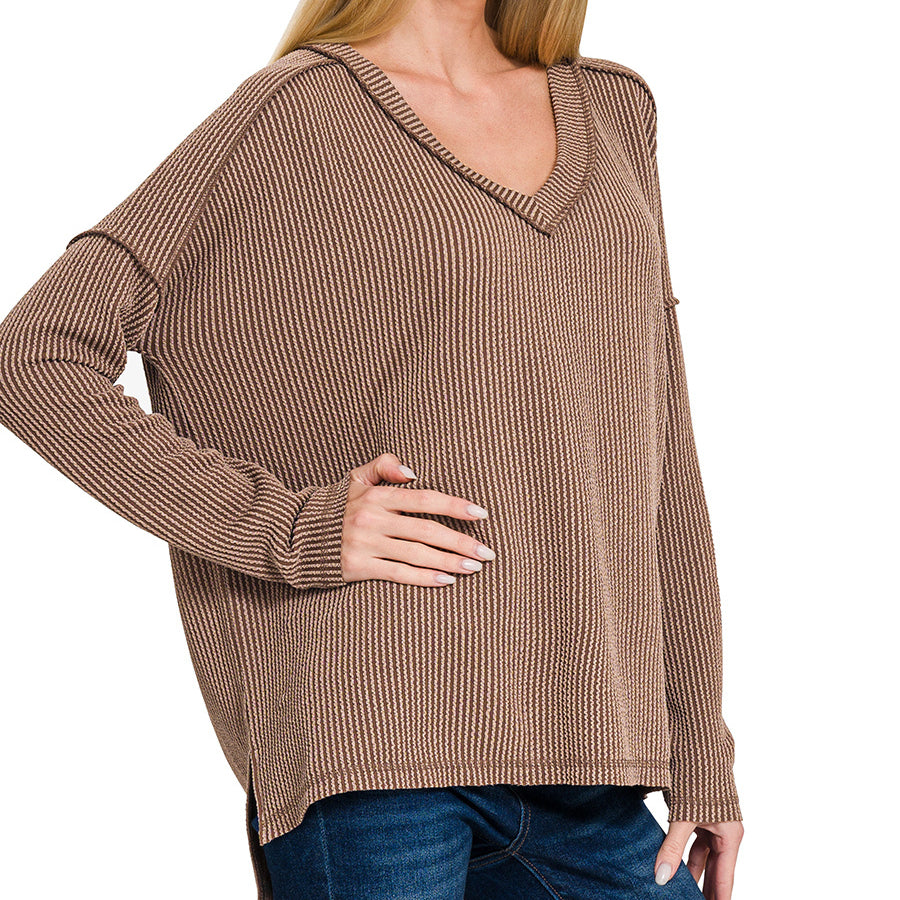 Brown Textured Rib Knit Long Sleeve Top with Hi-Low Hem