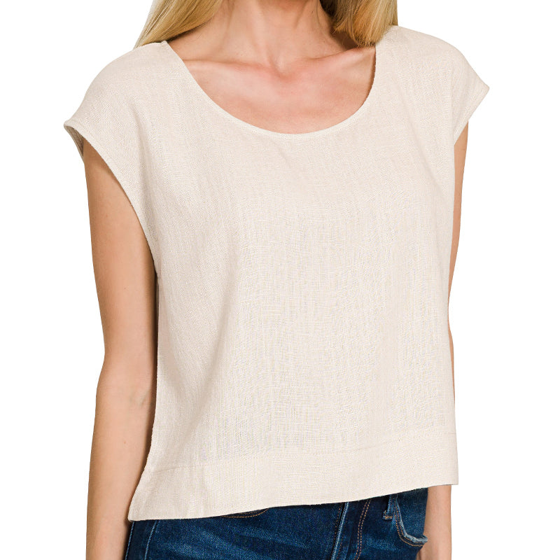Sand Beige Drape Linen Blend Tank – Lightweight Sleeveless Top with Soft Flow