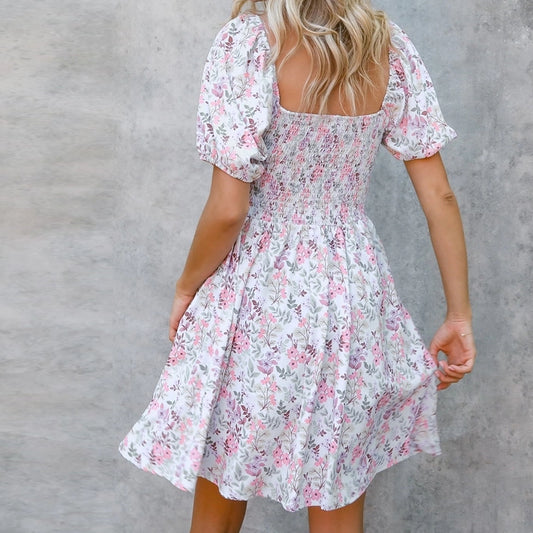 Sweetheart Neck Smocked Floral Dress