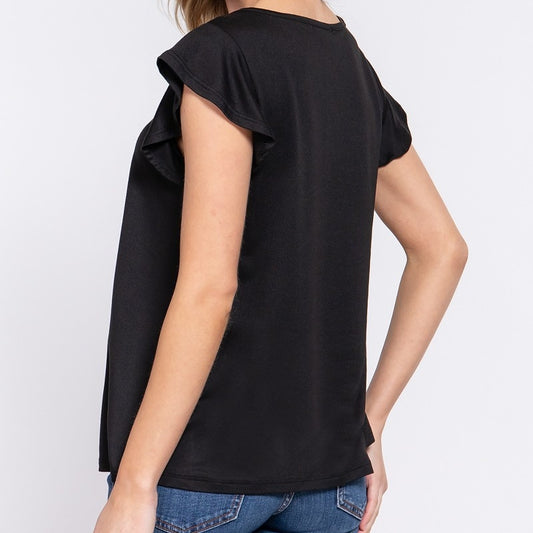 Ruffle Short Sleeve Top with Lace Insert in Black