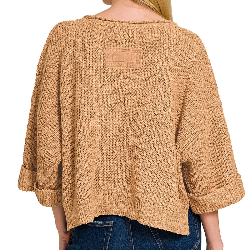 Front Slit Folded Sleeve Pullover in Camel 2885