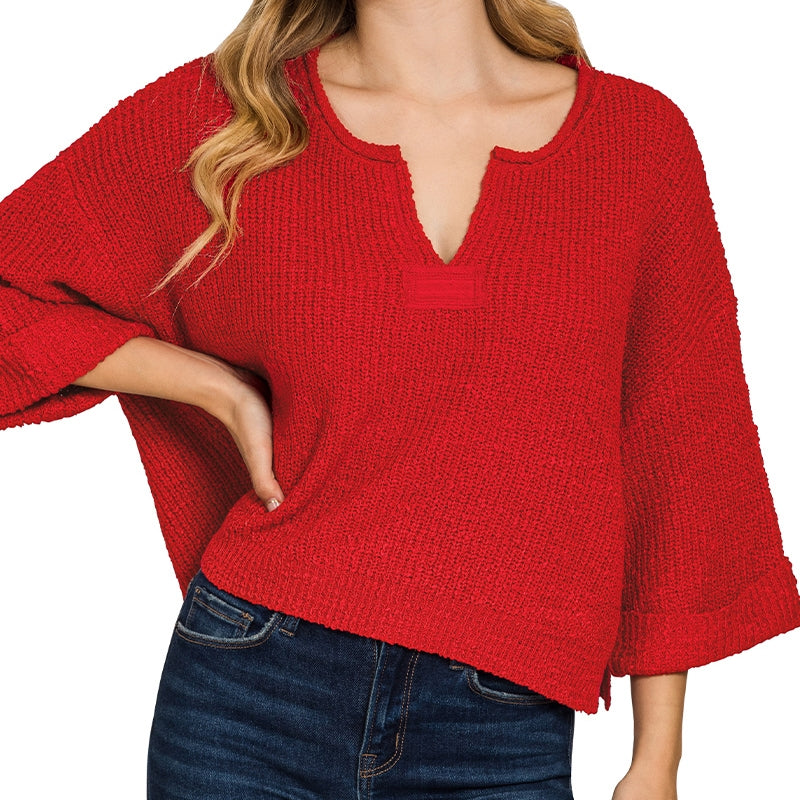 Front Slit Folded Sleeve Pullover in Red 2887
