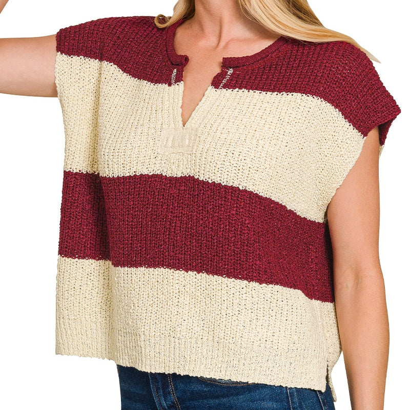 Striped Split-Neck Sweater Vest in Cabernet 2892