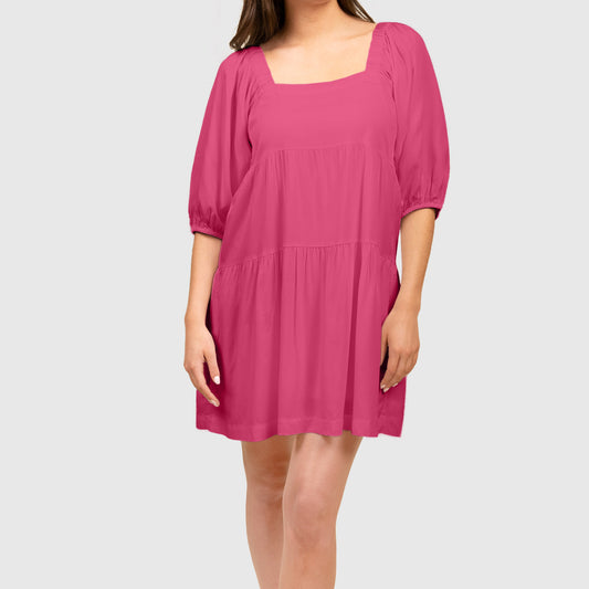 Fuchsia Puff Sleeve Tiered Dress