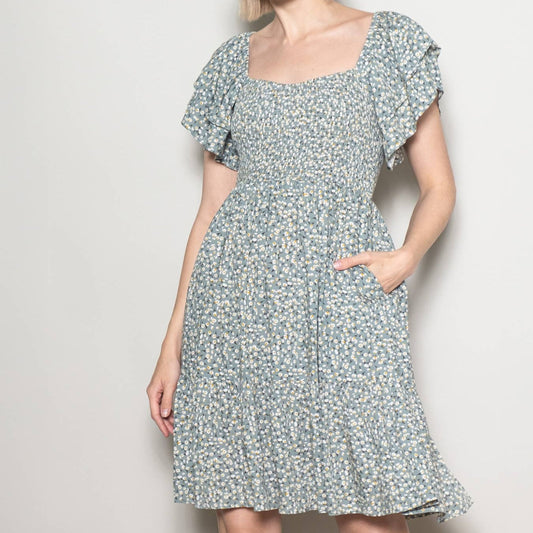 Flutter Sleeve Sweetheart Neckline Vintage Floral Dress in Sage