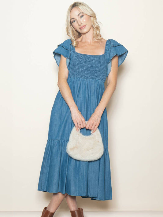 Vintage Wash Chambray Denim Flutter Sleeve Dress w Pockets