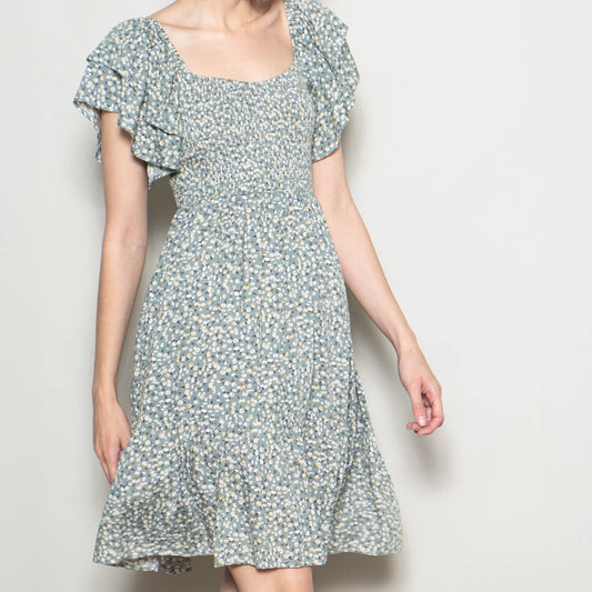 Flutter Sleeve Sweetheart Neckline Vintage Floral Dress in Sage