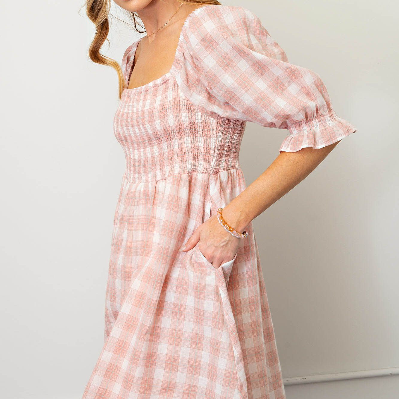 Blush Pink Plaid Dress with Bubble Sleeves