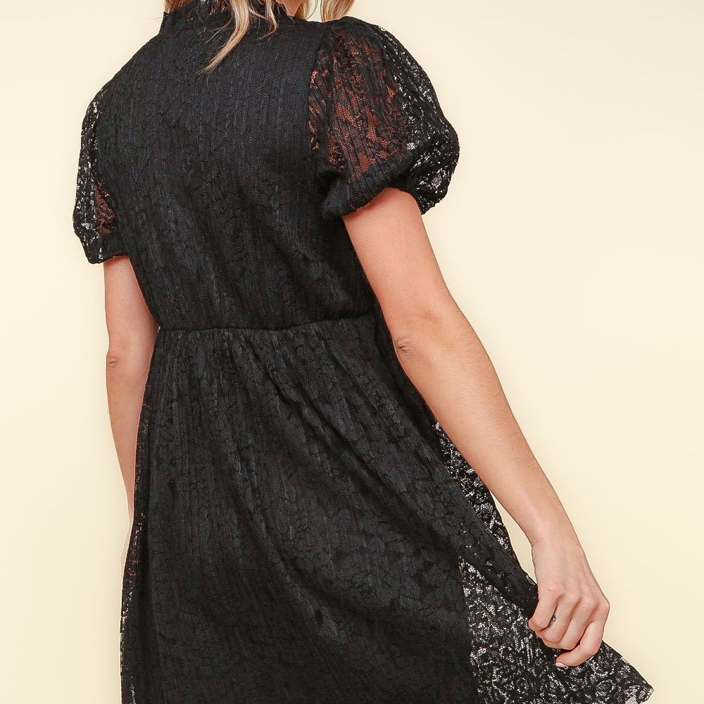 Black Lace Dress with Peach Bow - Colbert Clothing