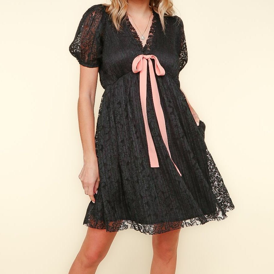 Black Lace Dress with Peach Bow - Colbert Clothing