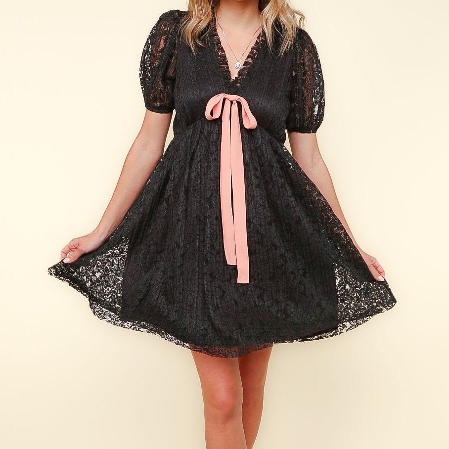 Black Lace Dress with Peach Bow - Colbert Clothing