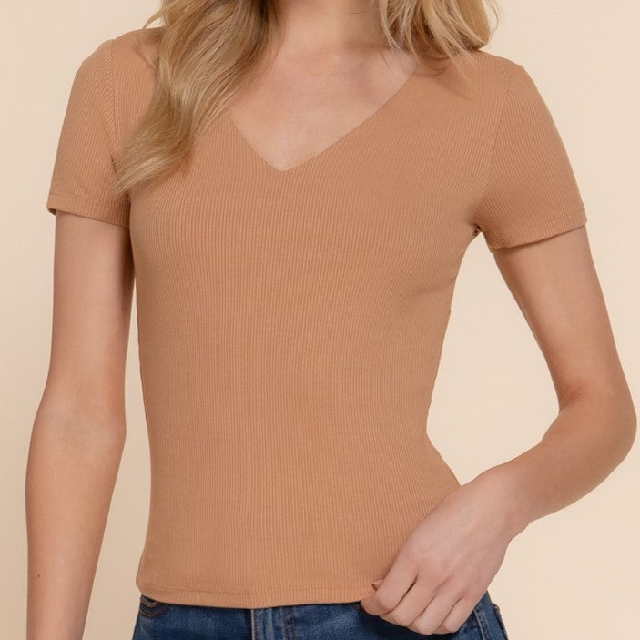 Classic Ribbed V-Neck Tee in Khaki