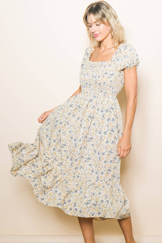 Lovely Puff Sleeve Romantic Floral Midi Dress in Cream