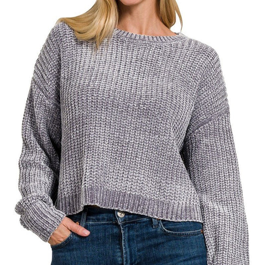 Everyday Luxe Chenille Crop Sweater in Heather Gray - Colbert Clothing