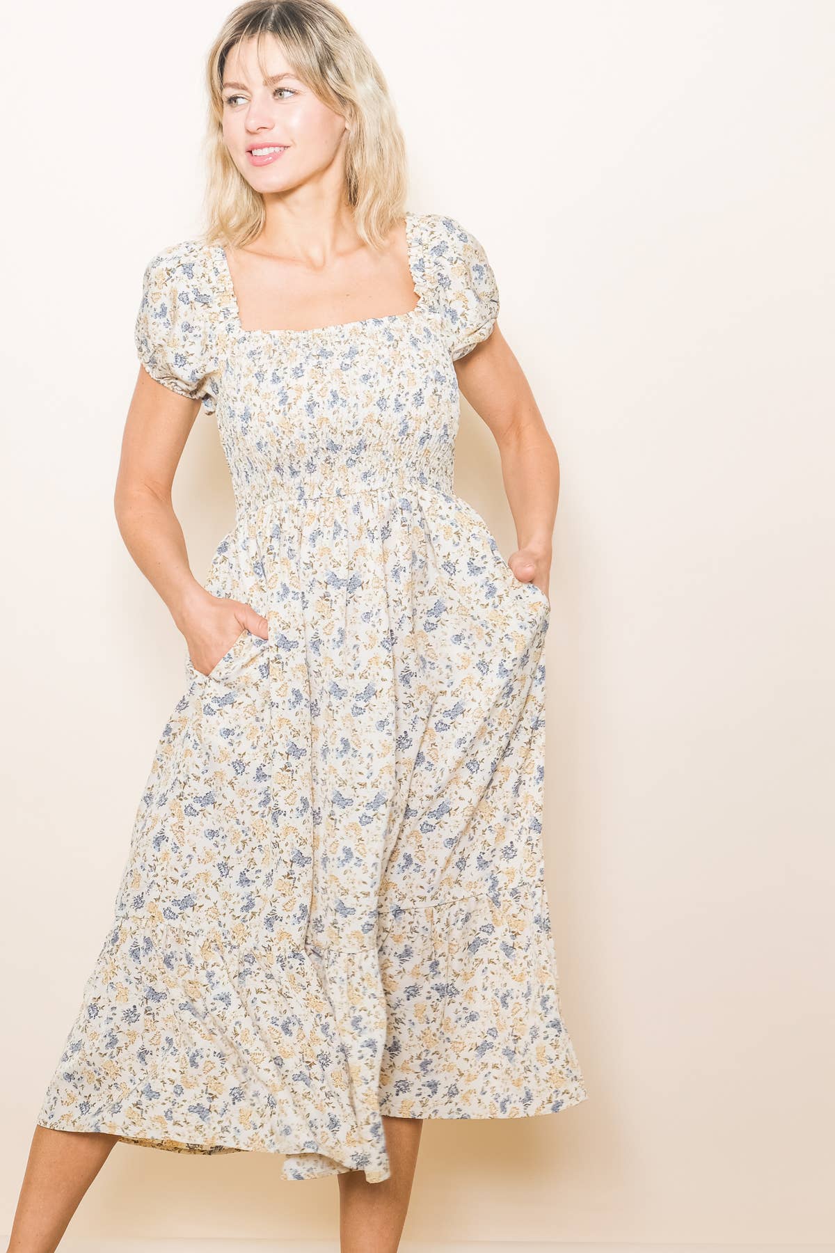 Lovely Puff Sleeve Romantic Floral Midi Dress in Cream