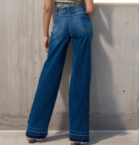High Waisted Distressed Stretchy Wide Leg Jeans - Colbert Clothing