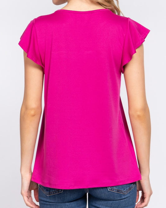 Ruffle Short Sleeve Top with Lace Insert in Magenta