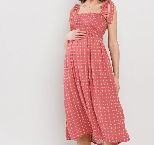 Daisy Print Smocking Dress in Marsala MATERNITY
