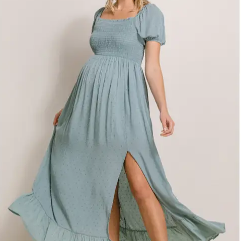 Swiss Dot Smocked Sage Green Maternity Dress