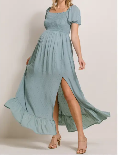 Swiss Dot Smocked Sage Green Maternity Dress