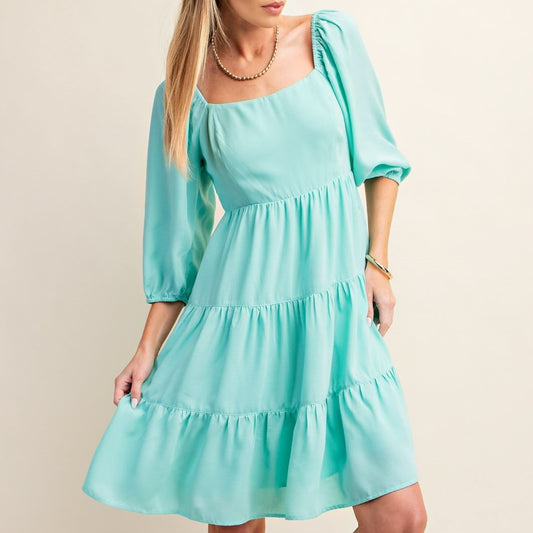 Feelin' Fresh Mint Dress with Puffed Sleeves and Tiered Skirt